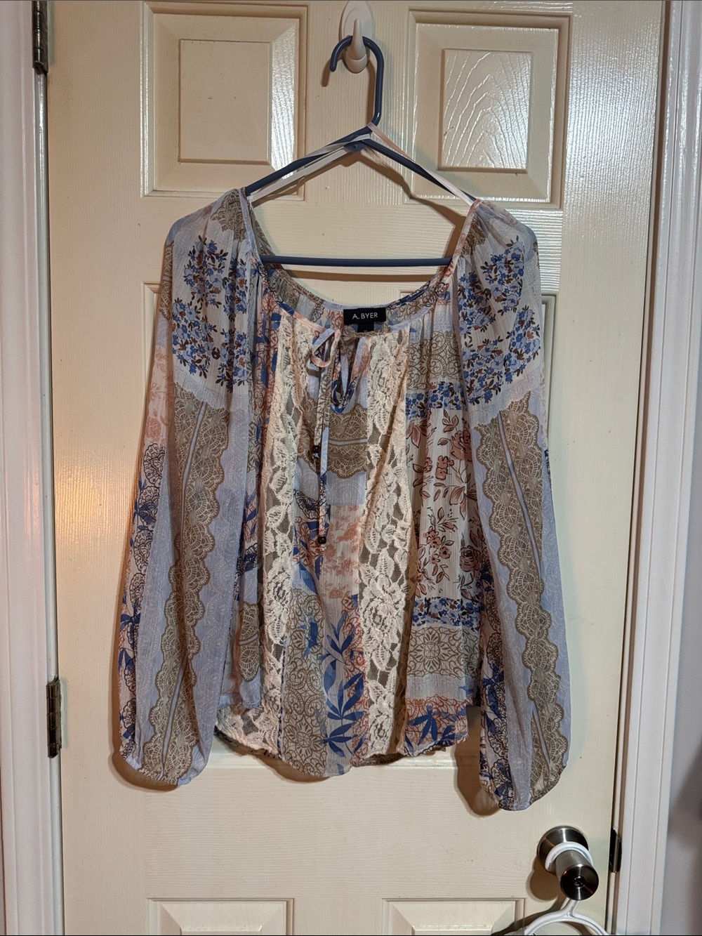 A. Byer Floral Patchwork Peasant Blouse in Blue and Cream